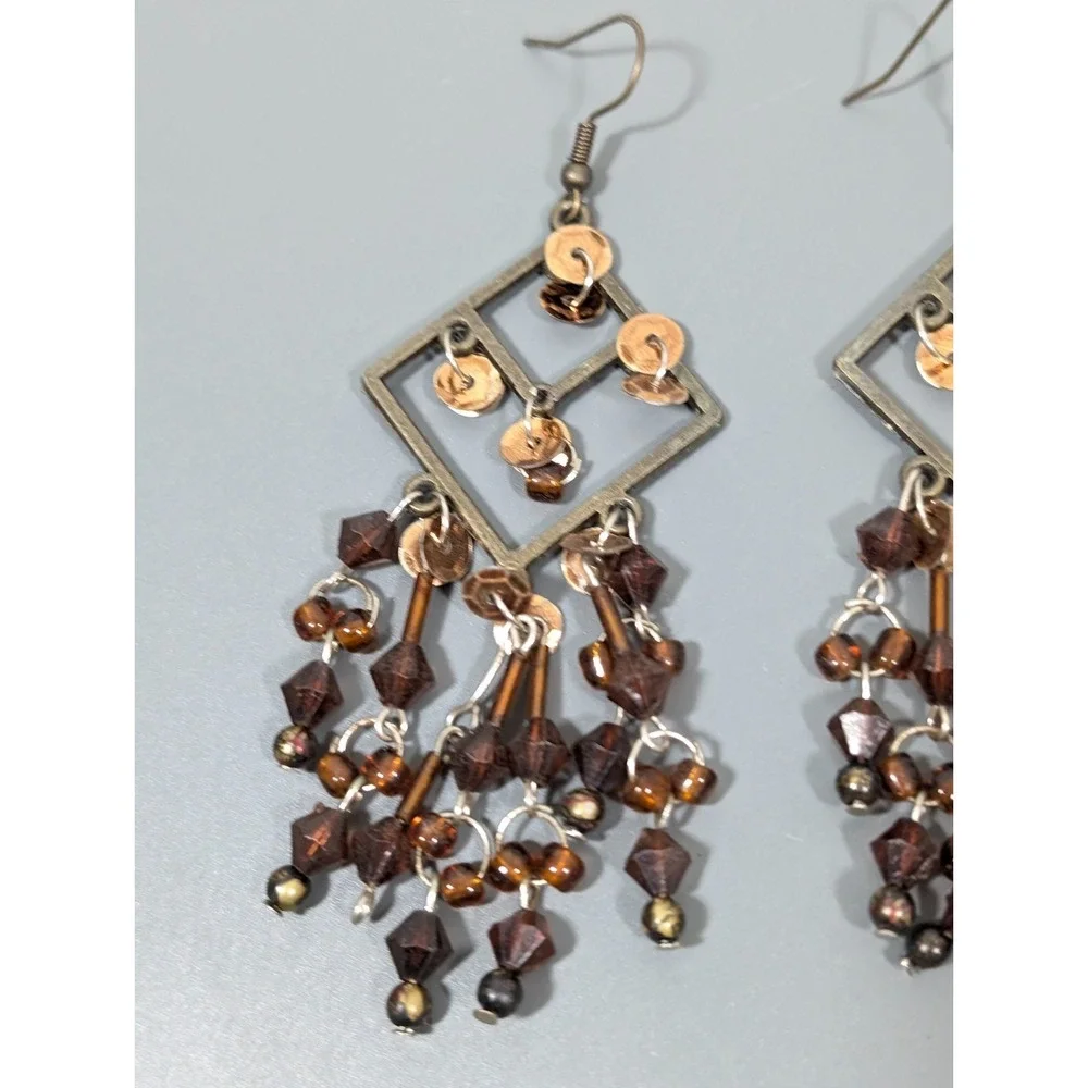 Boho Western Bronze Tone Brown Chandelier Dangle Long Earrings Festival‎